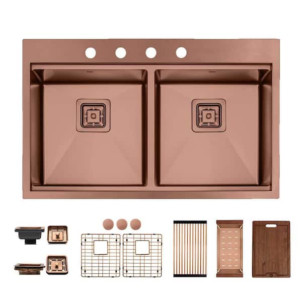 33 in. Drop-In/Undermount Double Bowl 16 Gauge Copper Stainless Steel Workstation Kitchen Sink with Accessories