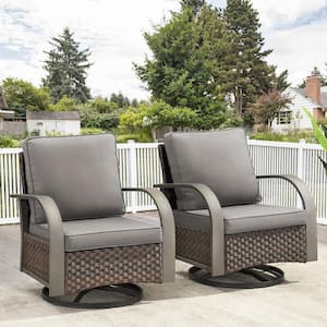 ArcMetal Metal and Brown Wicker Outdoor Rocking Chair Patio Swivel Chairs with Olefin Gray Cushions (2-Pack)