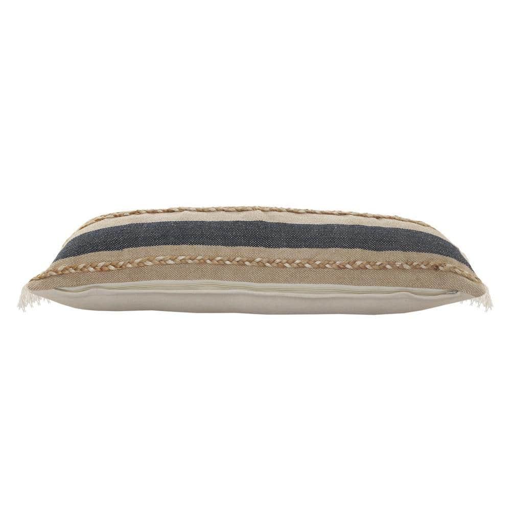 Coastal Denim and Tan Striped Lumbar Pillow with Jute Braiding
