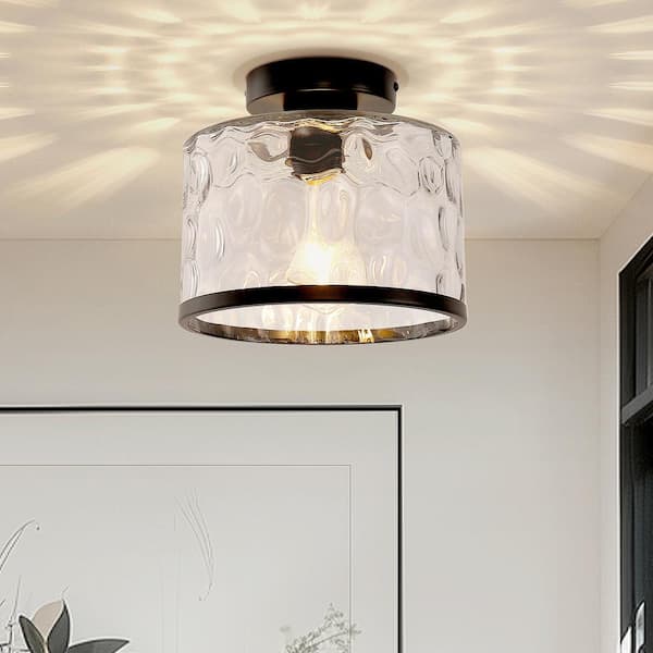 9 in. 1-Light Black Round Clear Glass Semi-Flush Mount with Water Glass Shade and No Bulbs Included 1-Pack