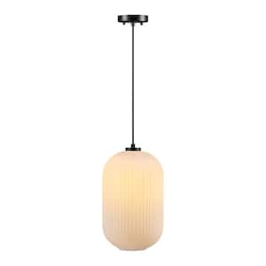 1-Light 60 Watt Matte Black Pendant Light with Ribbed Opal Glass Shade