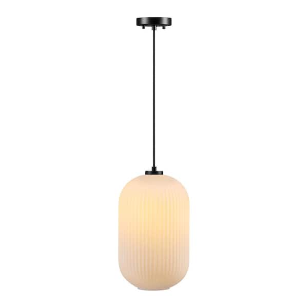 1-Light 60 Watt Matte Black Pendant Light with Ribbed Opal Glass Shade