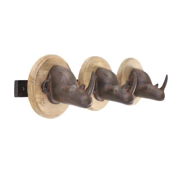 Litton Lane Wood and Metal Rhino Sculpture Wall Mounts Decorative Wall Hook  Rack with 3 Hooks 19 in. x 5 in. 43661 - The Home Depot