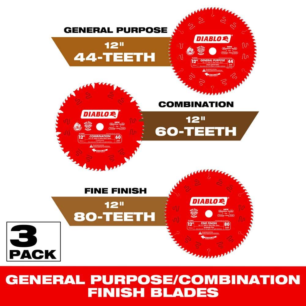 12 in. Circular Saw Blades for Wood 44-Tooth General Purpose, 60-Tooth Combination and 80-Tooth Fine (3-Blades) price history on PriceWatchPro