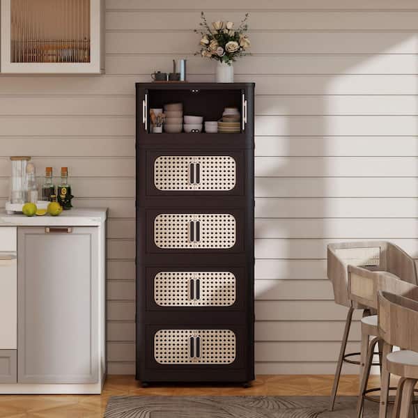 5-Tier Folding Accent Storage Cabinet with Wheels, Brown 50 in. H Plastic Layered Storage Organizer, Storage Boxes