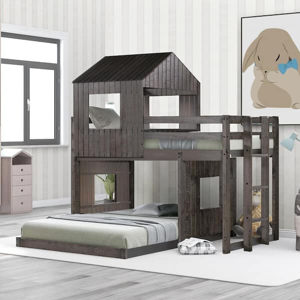 Polibi Wooden Twin over Full Bunk Bed, Loft Bed with Playhouse, Farmhouse, Ladder and Guardrails, Antique Gray
