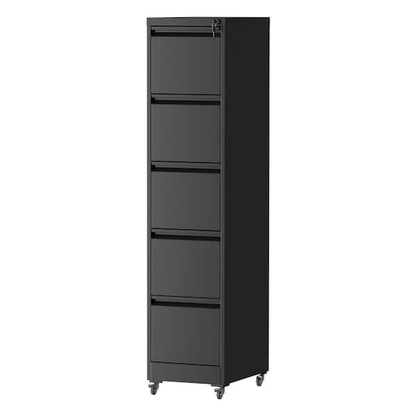 Modern 5-Drawer Black Metal 18 in. W Vertical File Cabinet with Lock and Wheel