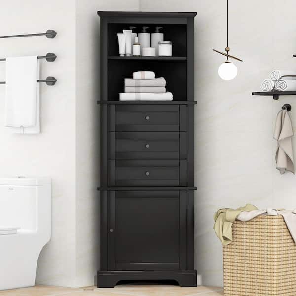 23 in. W x 13.4 in. D x 68.9 in. H Corner Black Linen Cabinet with Adjustable Shelve and Drawers