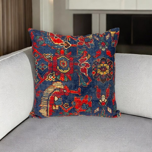 Blue, Red Damask Polyester 18 in. x 18 in. Throw Pillow