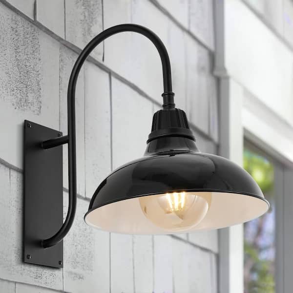 JONATHAN Y Stanley 12.25 in. Black 1-Light Farmhouse Industrial Indoor/Outdoor Iron LED Gooseneck Arm Outdoor Sconce