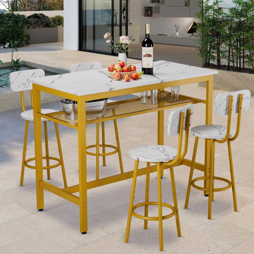 5-Piece Wood Rectangle Indoor Outdoor Bistro Set Dining Set with Backrest and Partitions