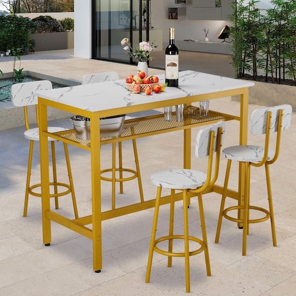 5-Piece Wood Rectangle Indoor Outdoor Bistro Set Dining Set with Backrest and Partitions