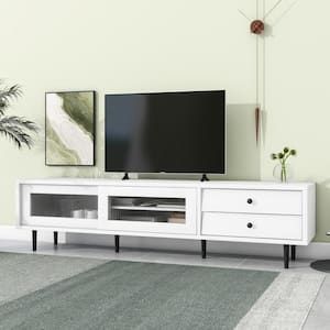 Chic and Elegant White TV Stand Fits TVs up to 75 in. with Sliding Fluted Glass Doors and Slanted Drawers