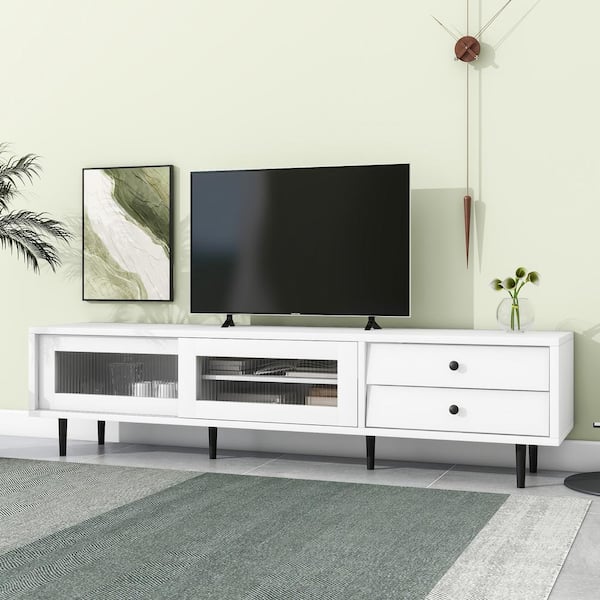 Harper & Bright Designs Chic and Elegant White TV Stand Fits TVs up to 75 in. with Sliding Fluted Glass Doors and Slanted Drawers