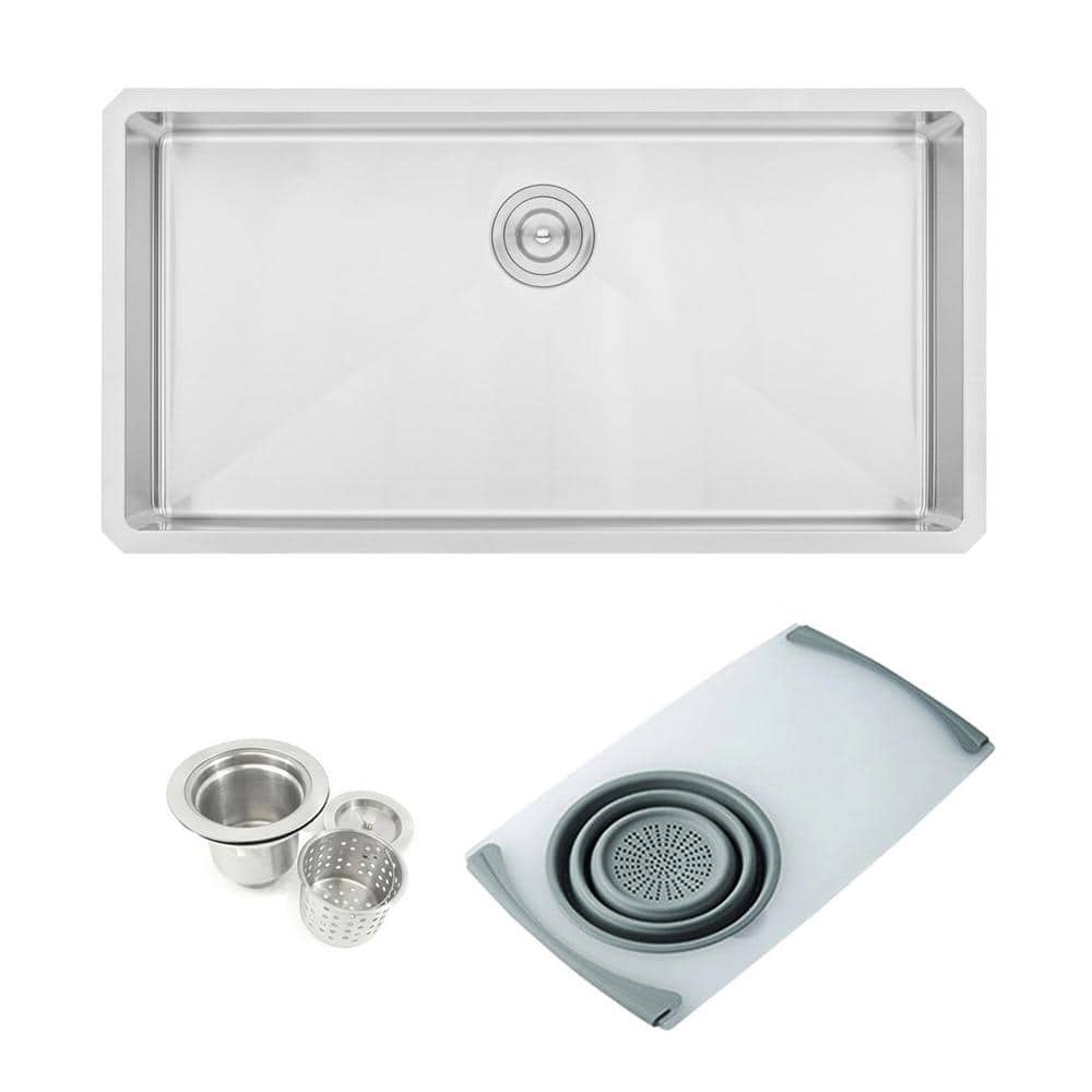 Undermount 16-Gauge Stainless Steel 36x19x10 in. Single Bowl Kitchen Sink Combo w/ Cutting Board Colander and Strainer -  eModernDecor, ARL-R3619-SGGRY