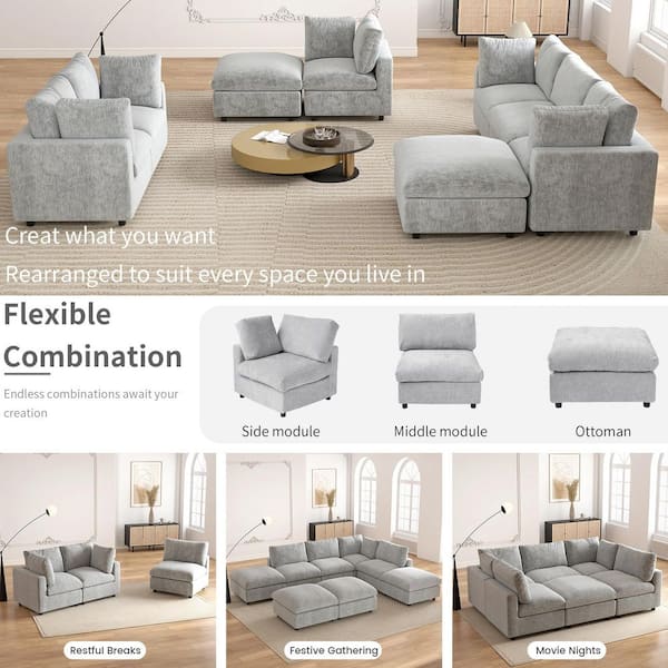 100 in. Square Arm 6-Piece Chenille L-Shaped Modualr Sectional Sofa with Washable Cover, Ottoman in Gray for Living Room