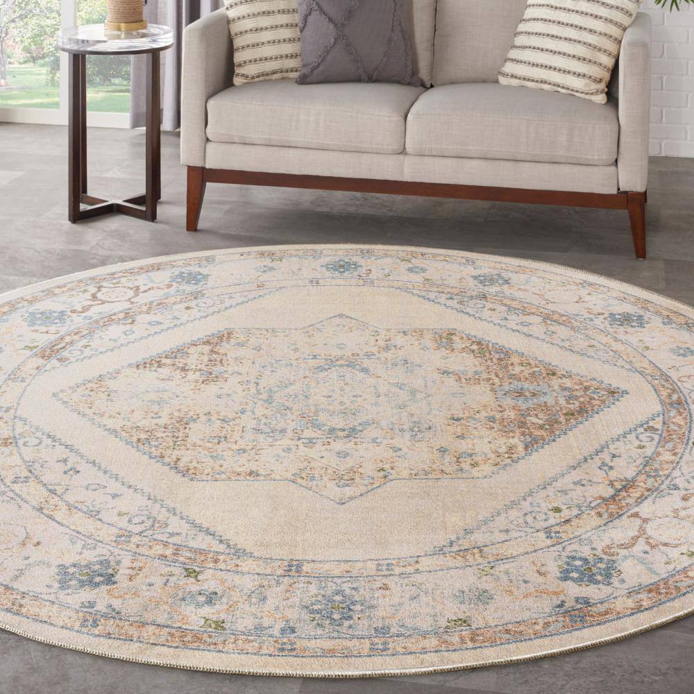 Ivory Blue Round Medallion Machine Washable Area Rug