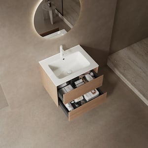 24 in. Floating Walnut Bath Vanity with White Ceramic Top and White Ceramic Basin, Sink Hole Cover and Drain