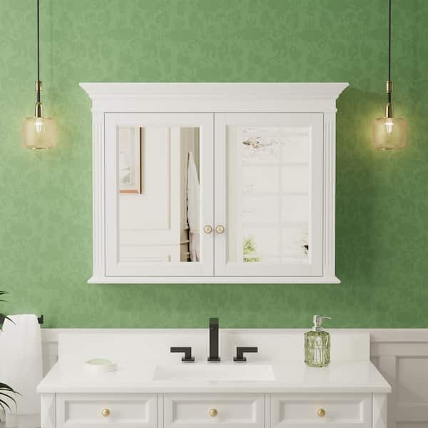 FORCLOVER 40 in. W x 30 in. H Rectangular Solid Wood White Medicine Cabinet with Mirror Surface Mount