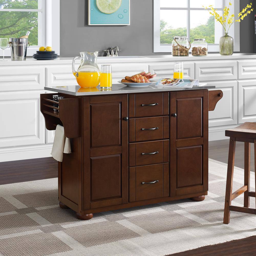 Eleanor Mahogany Kitchen Island with Stainless Steel Top and Storage