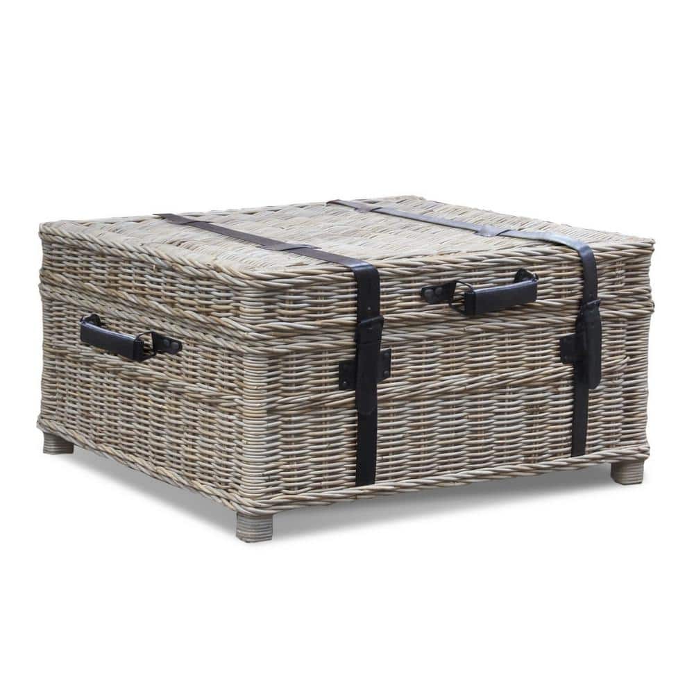 Gray Wicker Rectangular Coffee Table Trunk with Leather Accents