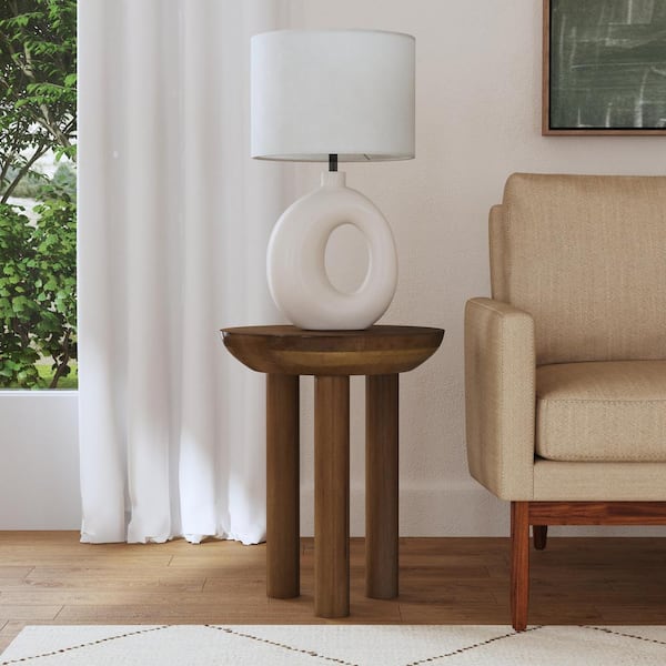 HomePop 18 in. Walnut Mango Wood Round End Table with 3 Post Legs