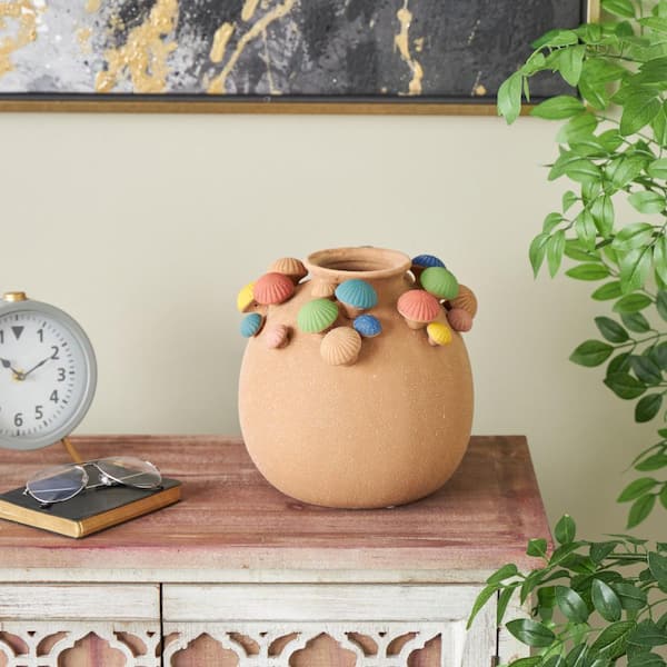 Litton Lane 9 in. Brown Round Wide Ceramic Mushroom Decorative Vase with Multicolor Accents and White Speckles