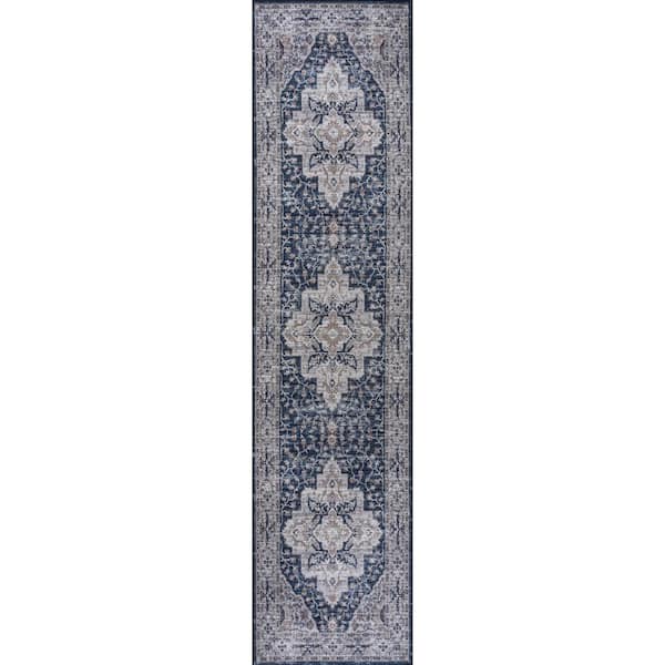 Didim Boho Gray Medallion Machine-Washable Navy/Light Gray 2 ft. x 8 ft. Runner Rug