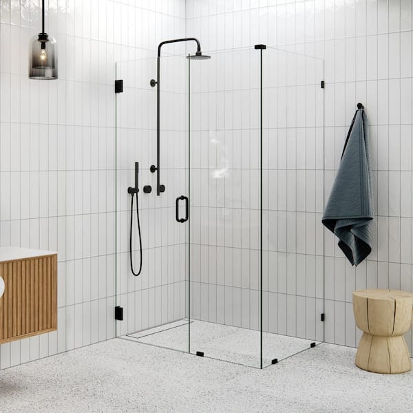 46 in. W x 32 in. D x 78 in. H Pivot Frameless Corner Shower Enclosure in Matte Black Finish with Clear Glass