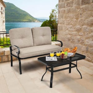 2-Piece Metal Patio Conversation Set Loveseat Bench Table Furniture Set with Beige Cushioned Chair