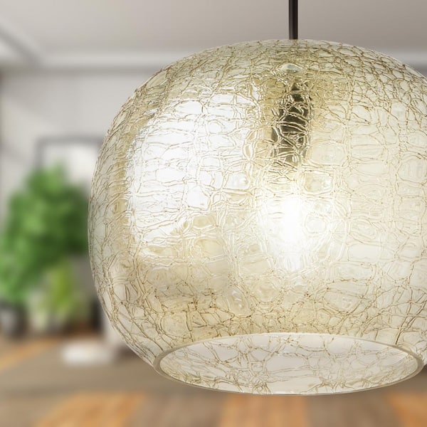 River of Goods Luna 25-Watt 1-Light Black Pendant Light with Subtle Green Luster Blown Glass Textured Globe Shade