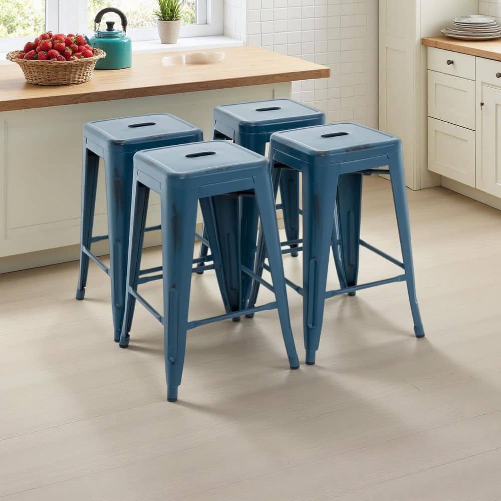 MFD LIVING Bar Stools 24 in. H Distressed Blue Backless Metal Bar Stool ...