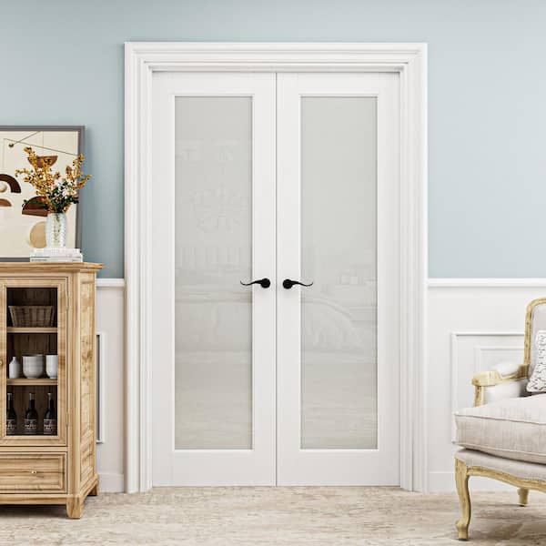 48 in. x 80 in. 1 Lite Frosted Glass Solid Core Primed White Double Prehung French Door with Quick Assemble Jamb