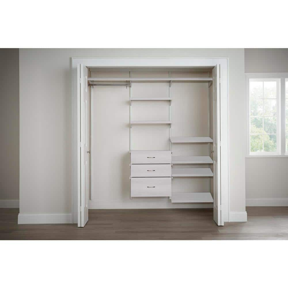 Everbilt Genevieve 6 ft. White Adjustable Closet Organizer Long Hanging Rod  with 3 Shelves, 4 Shoe Racks, and 3 Drawers 90752 - The Home Depot