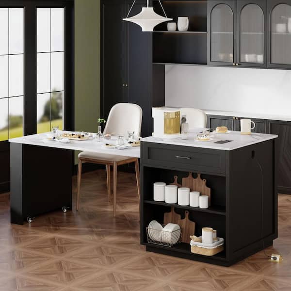 Black and White Wood 82.7 in. W Power Outlet Kitchen Island Two-tone Kitchen Table with 2-Drawer and 2-Side Open Shelf