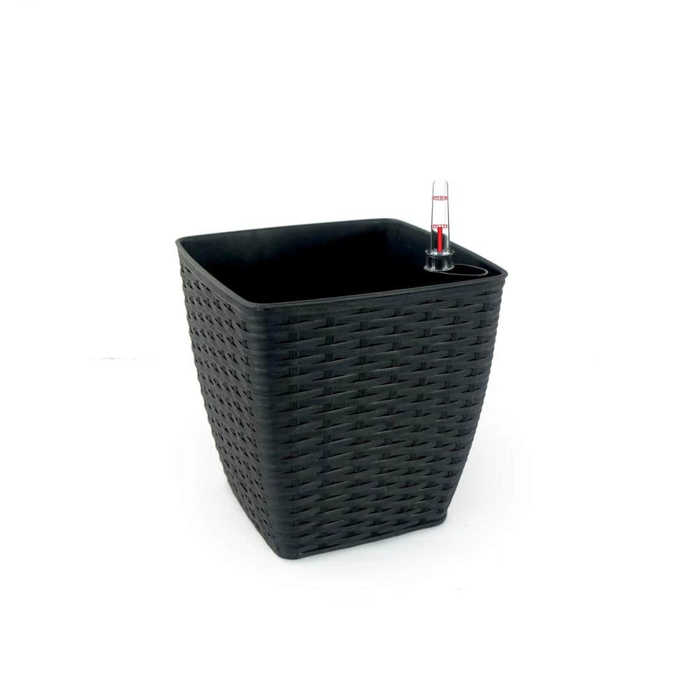 Black (2-Pack) Self-watering Planter-Hand Woven Wicker-Thin Square-Espresso