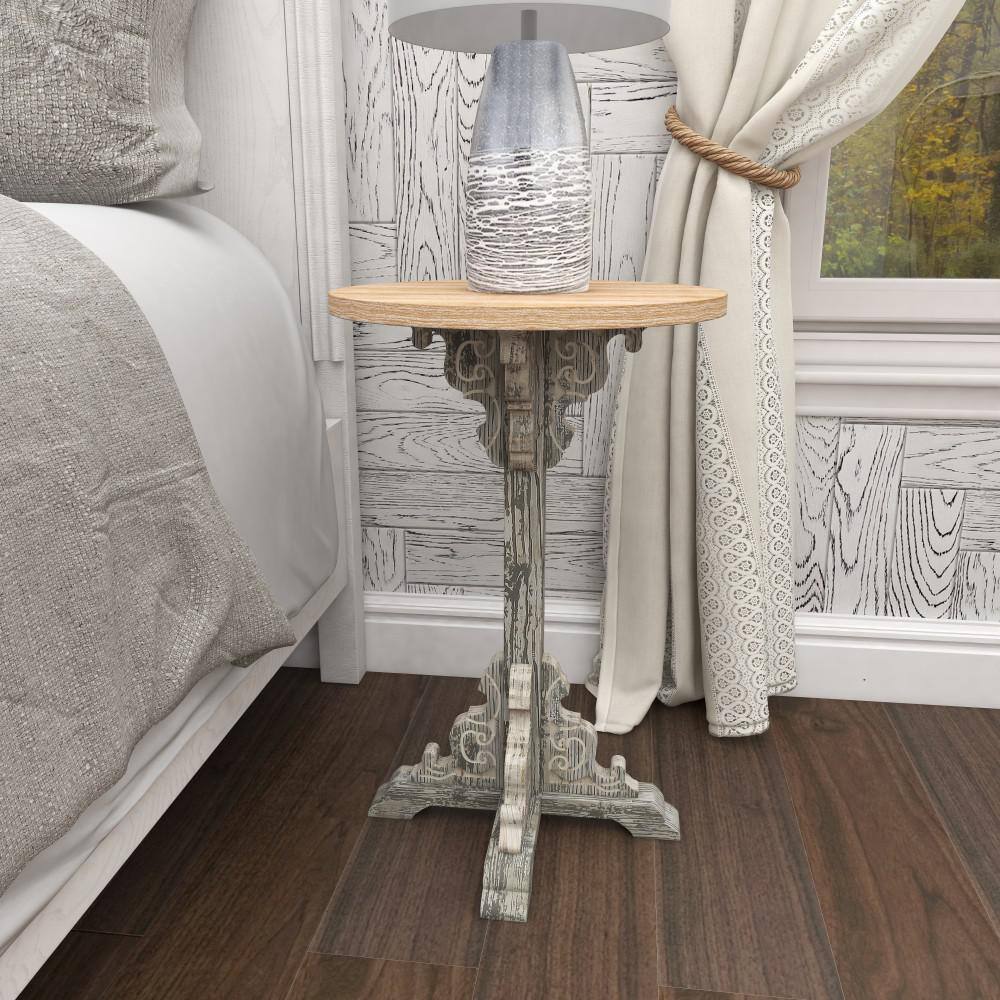 Gray Intricately Carved Scroll Round Wood Accent Table - 15" x 23"