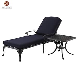 2-Piece Cast Aluminum Outdoor Chaise Lounge Table Set Reclining Chair with Dark Blue Cushion