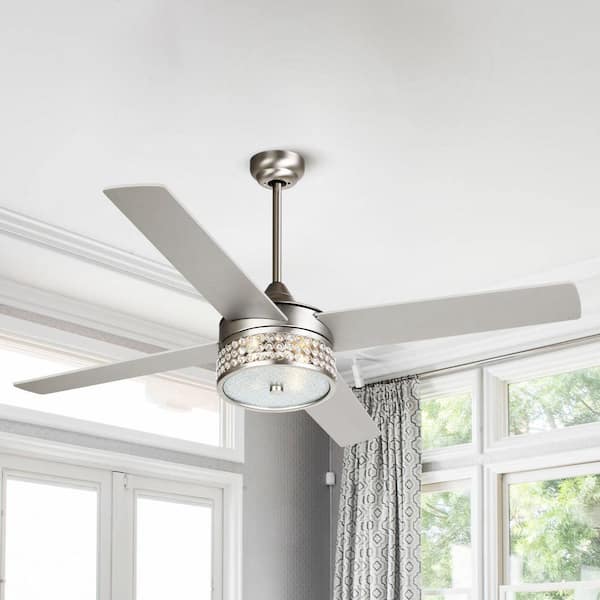 Cason 52 in. Indoor Satin Nickel Downrod Mount Crystal Ceiling Fan with Light Kit and Remote Control