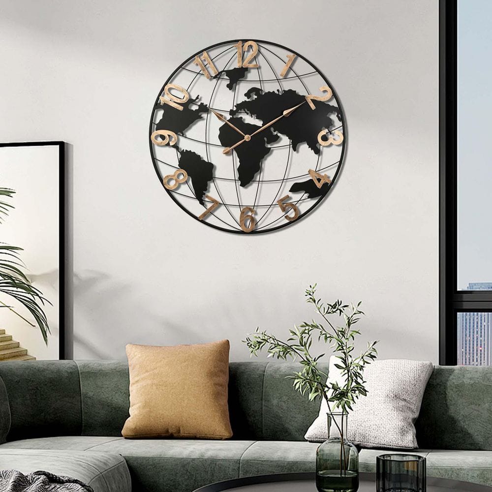 36 in. Large Black Modern Metal Wall Clock Silent World Map Wall Clock with