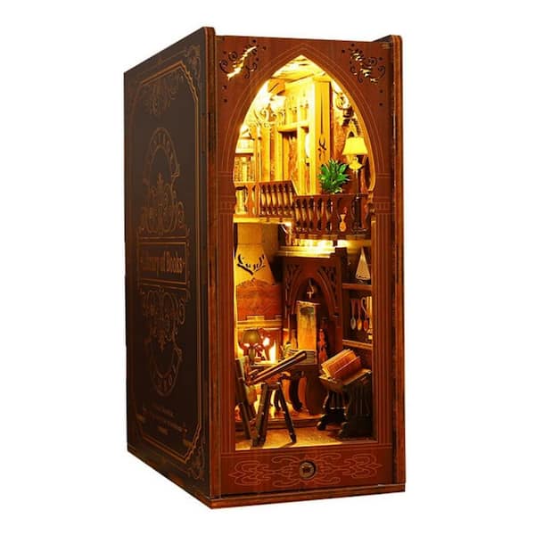 Angel Sar Library Themed DIY Book Nook Kit, 3D Wooden Puzzle Bookshelf Decor with LED and Motion Sensor, Bookends Craft Kits