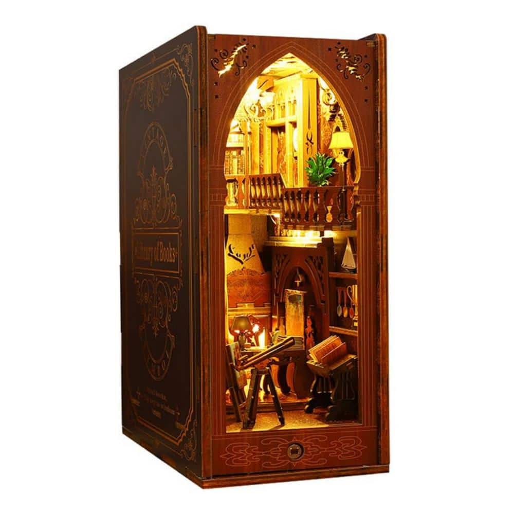 Library Themed DIY Book Nook Kit, 3D Wooden Puzzle Bookshelf Decor with LED