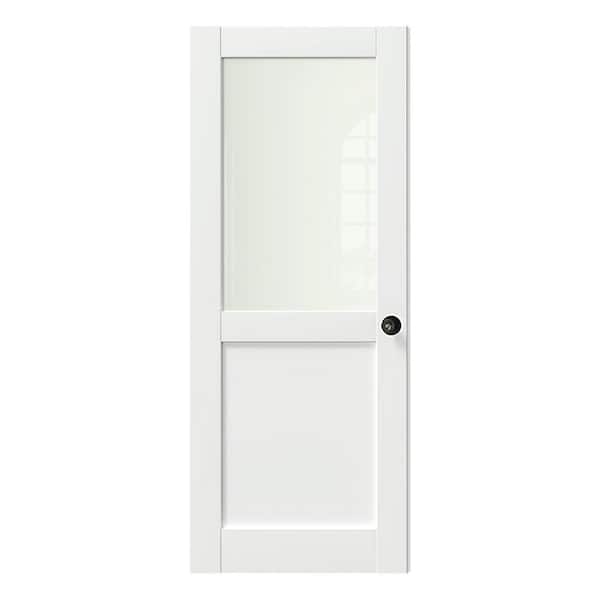 32 in. x 80 in. MDF Wood, Primed, White, 1/2 Lite, Frosted Glass Interior Door Slab With Black Goal Doorknob