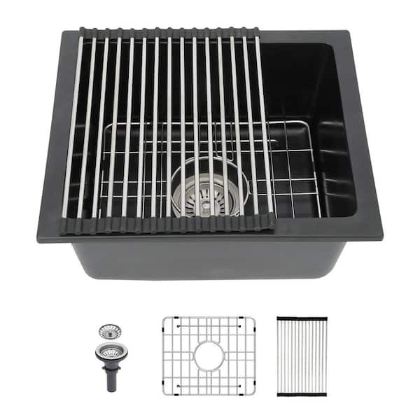 17.55 in. Drop-In/Undermount Single Bowl Black Quartz Kitchen Sink with Grid and Drain