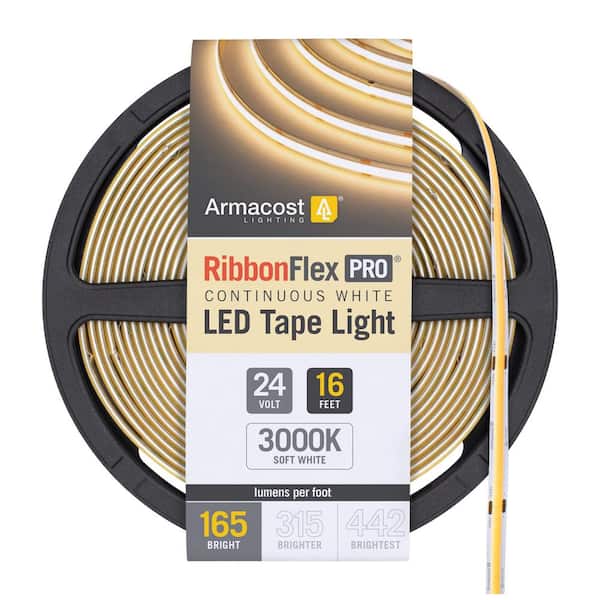 Armacost Lighting RibbonFlex Pro 24-Volt White COB 16.4 ft. Dimmable Cuttable Integrated LED Strip Light Tape 3000K 165 Lumen/Ft