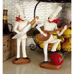 White Polystone Chef Sculpture with Musical Instruments (Set of 3)