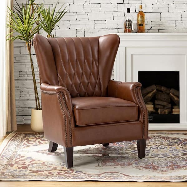 Valerius Brown Genuine Leather Armchair with Nailhead Trims and Solid Wood Legs