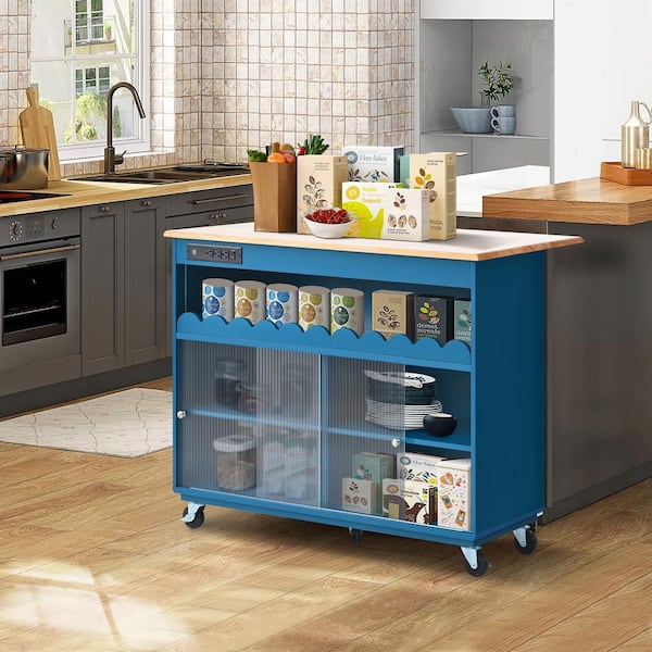 Nestfair Blue Wood 44 in. Kitchen Island with 2 Sliding Fluted Glass Doors and LED Light