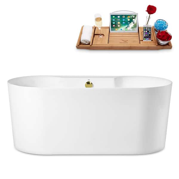 Streamline 59 in. Acrylic Flatbottom Non-Whirlpool Bathtub in Glossy White with Polished Gold Drain and Overflow Cover