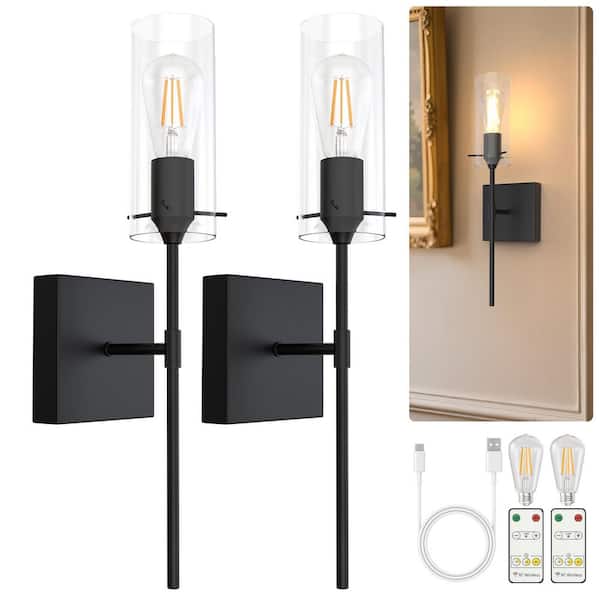 3 in. 1-Light Matte Black Wireless Wall Sconce Set of 2, Dimmable Cylinder Glass Wall Lights for Bedroom, Living Room